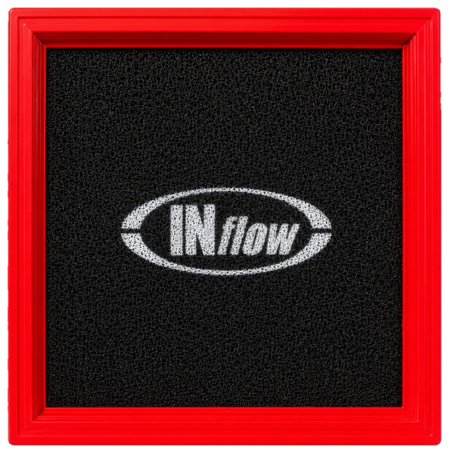 Filtro de ar esportivo INflow - moldura vermelha com material filtrante de poliuretano preto